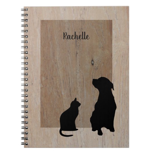 Cute cat- en hondensilhouettes op hout notitieboek (Voorkant)
