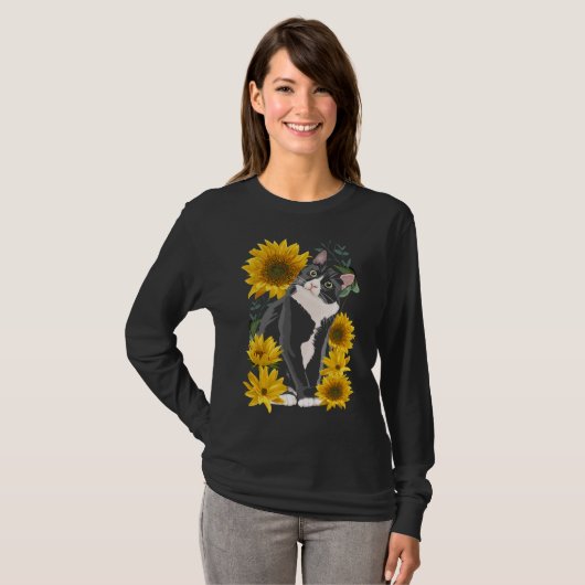 Cute Cat en Sunflower Garden Feline Love T-shirt (Voorkant volledig)