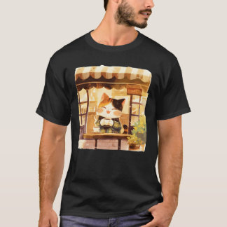 Cute Cat Enjoying Coffee at Cozy Cafe Illustration T-shirt