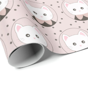 Cute Cat Face Pink Dotty Patroon Cadeaupapier