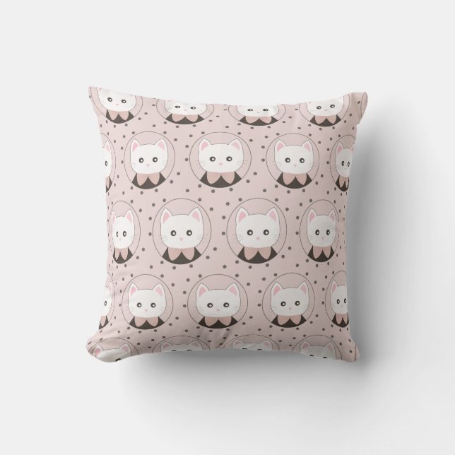 Cute Cat Face Pink Dotty Patroon Kussen (Voorkant)