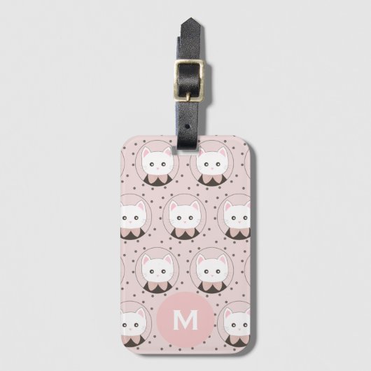 Cute Cat Face Pink Dotty Pattern Monogram Bagagelabel (Voorkant (verticaal))
