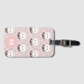 Cute Cat Face Pink Dotty Pattern Monogram Bagagelabel (Voorkant (horizontaal))