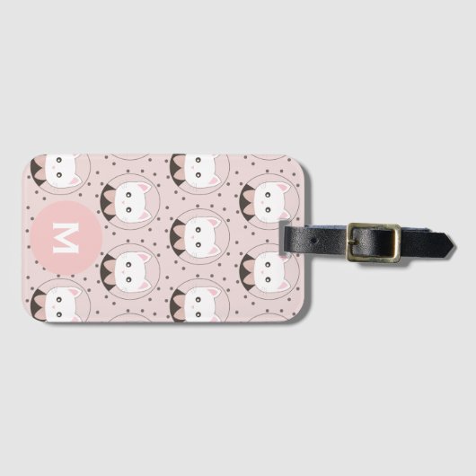 Cute Cat Face Pink Dotty Pattern Monogram Bagagelabel (Voorkant (horizontaal))