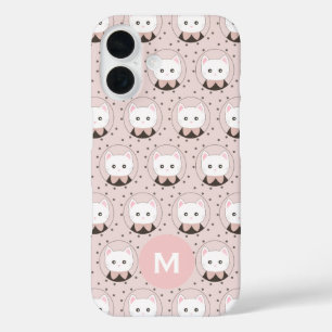 Cute Cat Face Pink Dotty Pattern Monogram iPhone 16 Hoesje