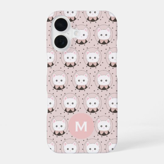 Cute Cat Face Pink Dotty Pattern Monogram iPhone 16 Hoesje (Achterkant)