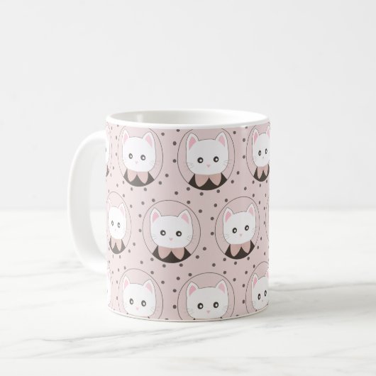 Cute Cat Face Pink Dotty Pattern Monogram Koffiemok (Voorkant links)