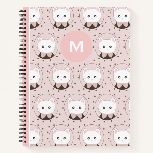 Cute Cat Face Pink Dotty Pattern Monogram Notitieboek (Voorkant)