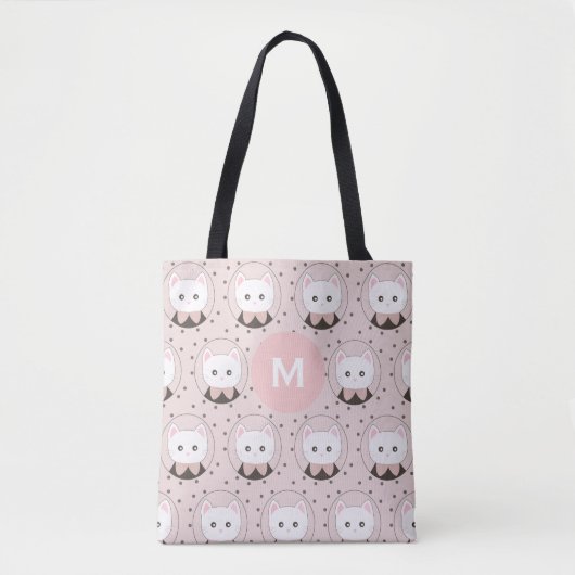 Cute Cat Face Pink Dotty Pattern Monogram Tote Bag (Voorkant)