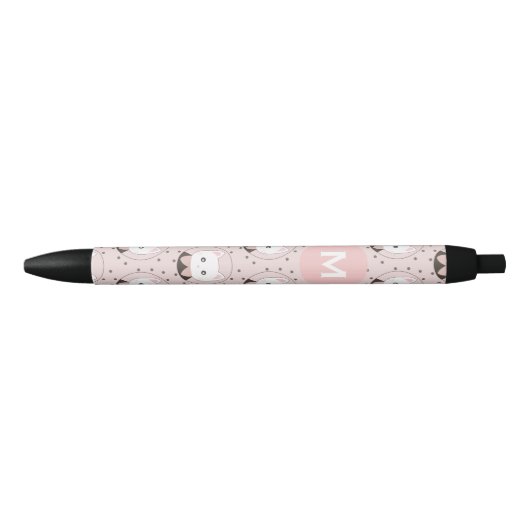 Cute Cat Face Pink Dotty Pattern Monogram Zwarte Inkt Pen (Voorkant)