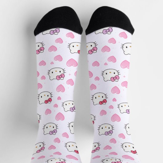 Cute Cat Faces & Hearts Pattern Kawaii Style Sokken (Top)
