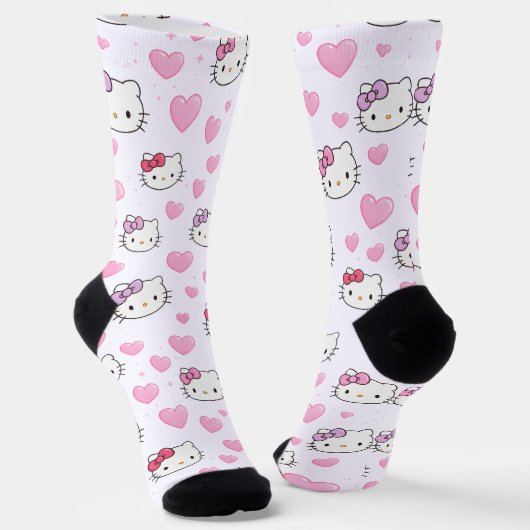 Cute Cat Faces & Hearts Pattern Kawaii Style Sokken (Gebogen)