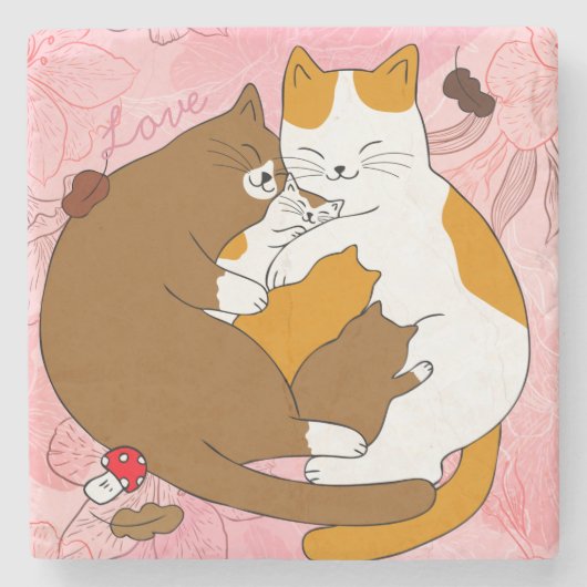 Cute Cat Family Stenen Onderzetter (Voorkant)