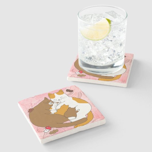 Cute Cat Family Stone Onderzetter (Zijkant)