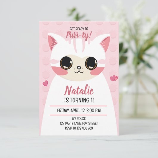 Cute cat first birthday  aankondiging (Staand voorkant)