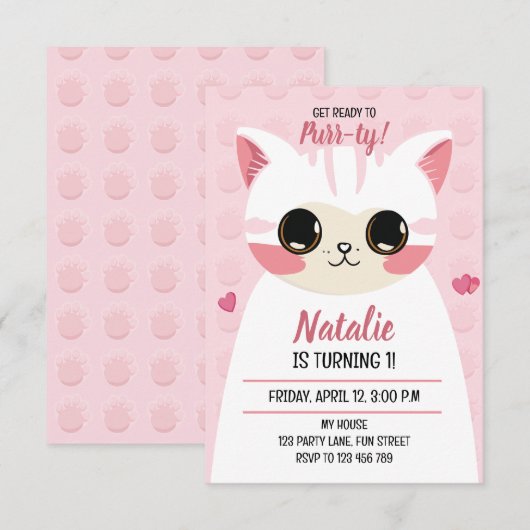 Cute cat first birthday  aankondiging (Voorkant / Achterkant)