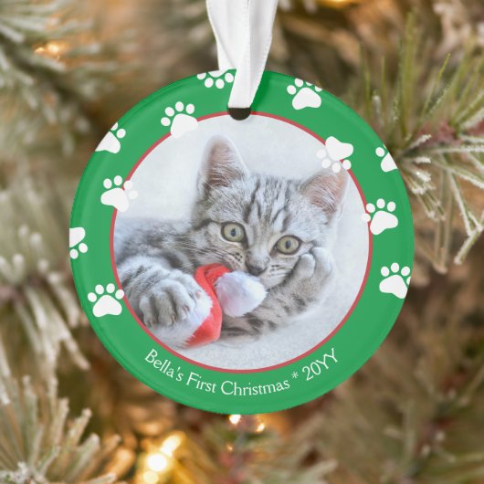 Cute Cat First Kerstmis Paprint Green Red Ornament (Boom)