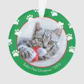Cute Cat First Kerstmis Paprint Green Red Ornament (voorkant)