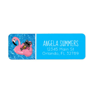 Cute Cat Flamingo Kids Birthday Pool Party Etiket