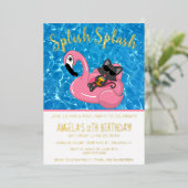 Cute Cat Flamingo Kids Birthday Pool Party Folie Uitnodiging (Staand Voorkant)