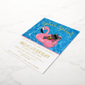 Cute Cat Flamingo Kids Birthday Pool Party Folie Uitnodiging (Gedraaid)