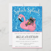 Cute Cat Flamingo Kids Birthday Pool Party Kaart (Voorkant)