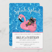 Cute Cat Flamingo Kids Birthday Pool Party Kaart (Voorkant / Achterkant)