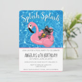 Cute Cat Flamingo Kids Birthday Pool Party Kaart (Staand voorkant)