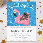 Cute Cat Flamingo Kids Birthday Pool Party Kaart<br><div class="desc">Vier een verjaardag met een stijlvol zwembadfeest! Deze grijze kat met een zonnebril rijdt op een roze flamingo floatie en drink een tropische ananas drink terwijl deze rond het verfrissende blauwe zwembad zweeft. De moderne donkergrijze tekst is volledig aanpasbaar, zodat het kan worden gemaakt voor kinderen van elke leeftijd, en...</div>