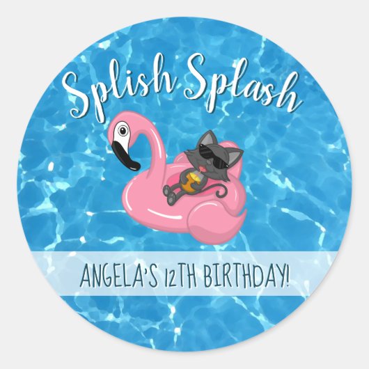 Cute Cat Flamingo Kids Birthday Pool Party Ronde Sticker (Voorkant)