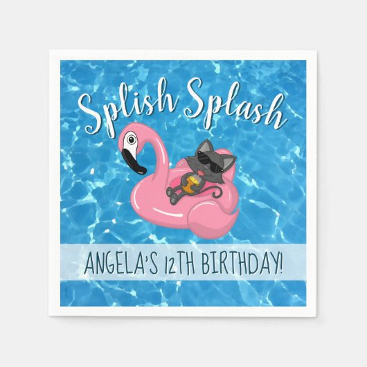 Cute Cat Flamingo Kids Birthday Pool Party Servet (Voorkant)