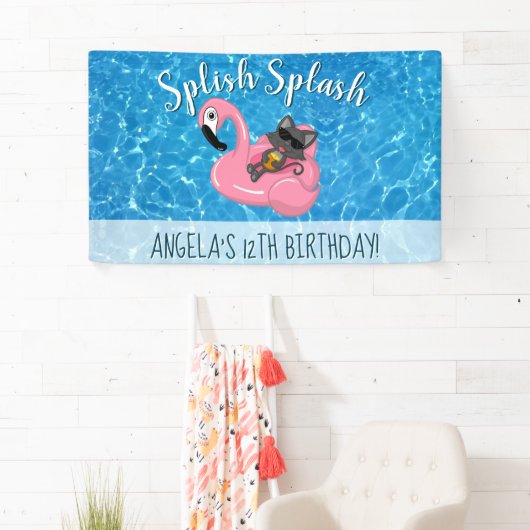 Cute Cat Flamingo Kids Birthday Pool Party Spandoek (Insitu)