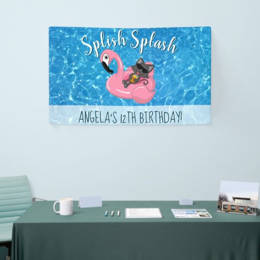 Cute Cat Flamingo Kids Birthday Pool Party Spandoek (Beurs)