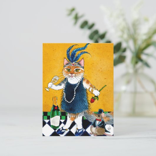 Cute cat Flapper Art Deco daner briefkaart 1920s (Staand voorkant)