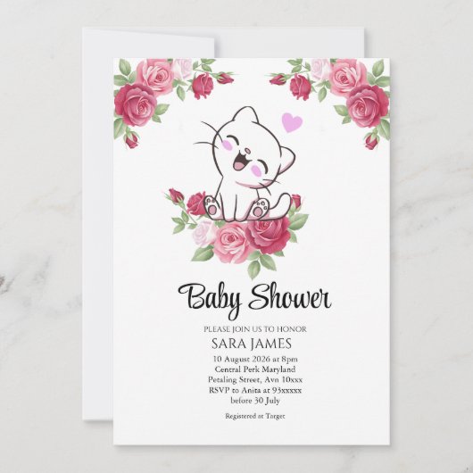 Cute Cat Floral Baby Shower Invitation Kaart (Voorkant)