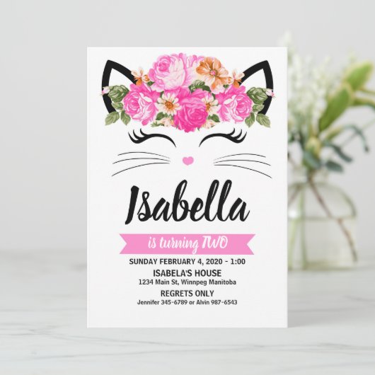 Cute Cat Flowers Invitation Kaart (Staand voorkant)