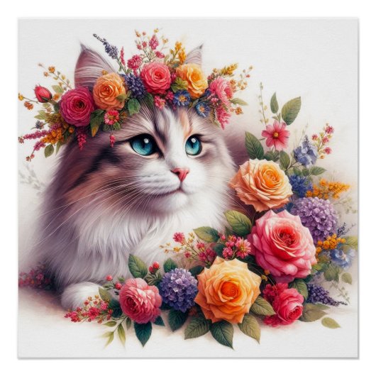 Cute cat flowers painting perfect poster (Voorkant)