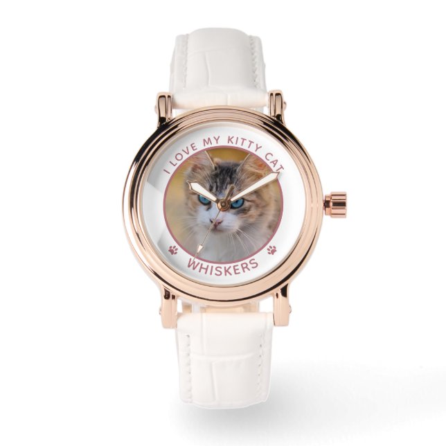 Cute Cat Foto Name Pink Paw Prints Personeelsklaar Horloge (Voorkant)