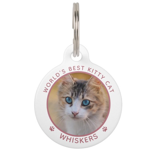 Cute Cat Foto Name Pink Paw Prints Personeelsklaar Huisdierpenning (Voorkant)