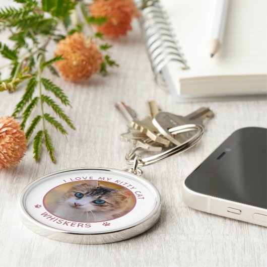 Cute Cat Foto Name Pink Paw Prints Personeelsklaar Sleutelhanger (Zijkant)
