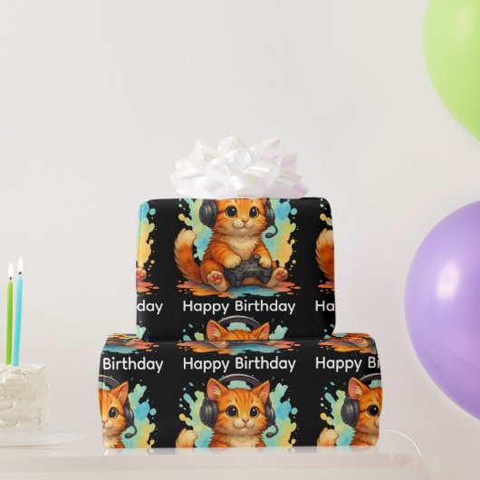 cute cat gamer birthday gift wrapping paper  cadeaupapier (Feestgeschenken)