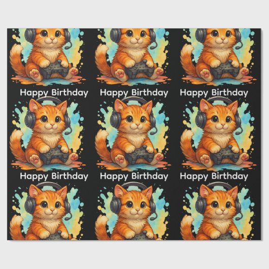 cute cat gamer birthday gift wrapping paper  cadeaupapier (Vlak)