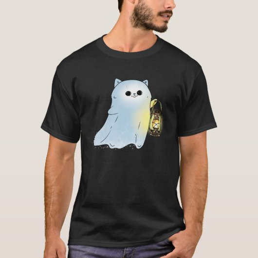 Cute Cat Ghost With Lantern Spook Phantom Hallowee T-shirt (Voorkant)
