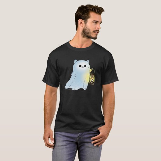 Cute Cat Ghost With Lantern Spook Phantom Hallowee T-shirt (Voorkant volledig)