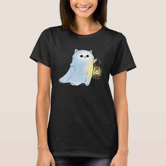 Cute Cat Ghost With Lantern Spook Phantom Hallowee T-shirt (Voorkant)