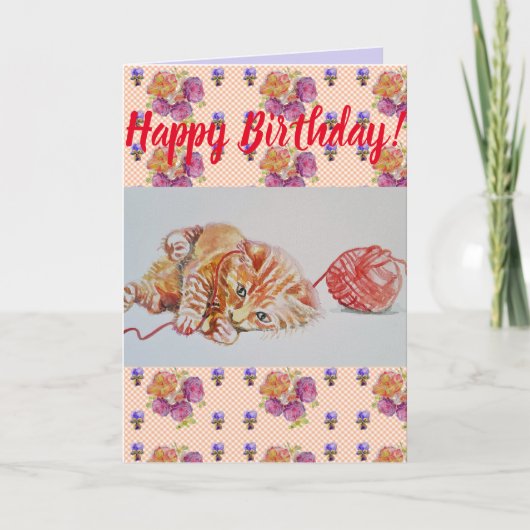 Cute Cat Ginger Tabby Floral Birthday art Kaart (Voorkant)