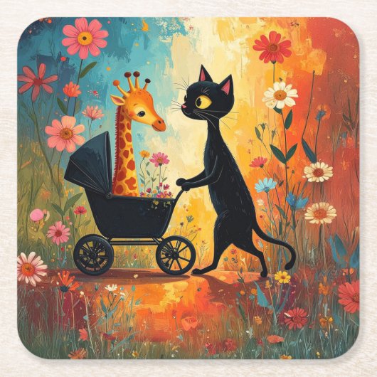 Cute Cat Giraffe Paper Coaster Kartonnen Onderzetters (Voorkant)