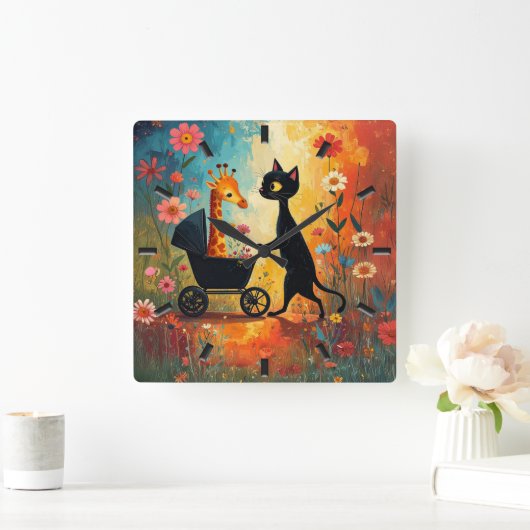 Cute Cat Giraffe Wall Clock Vierkante Klok (Huis)