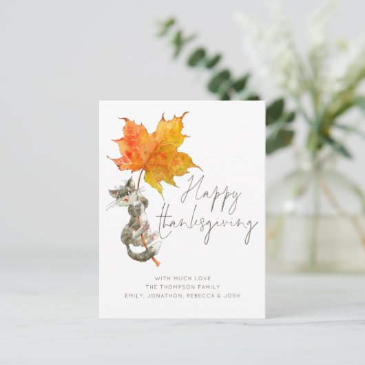 Cute Cat Handgeschreven Script Happy Thanksgiving Briefkaart (Staand voorkant)