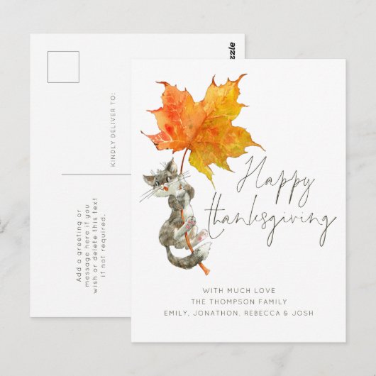 Cute Cat Handgeschreven Script Happy Thanksgiving Briefkaart (Voorkant / Achterkant)